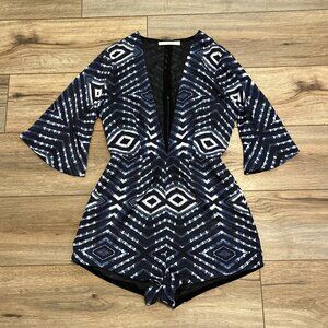 Women's Capulet Romper Shorts SZ Small Blue White Deep V Back Zip